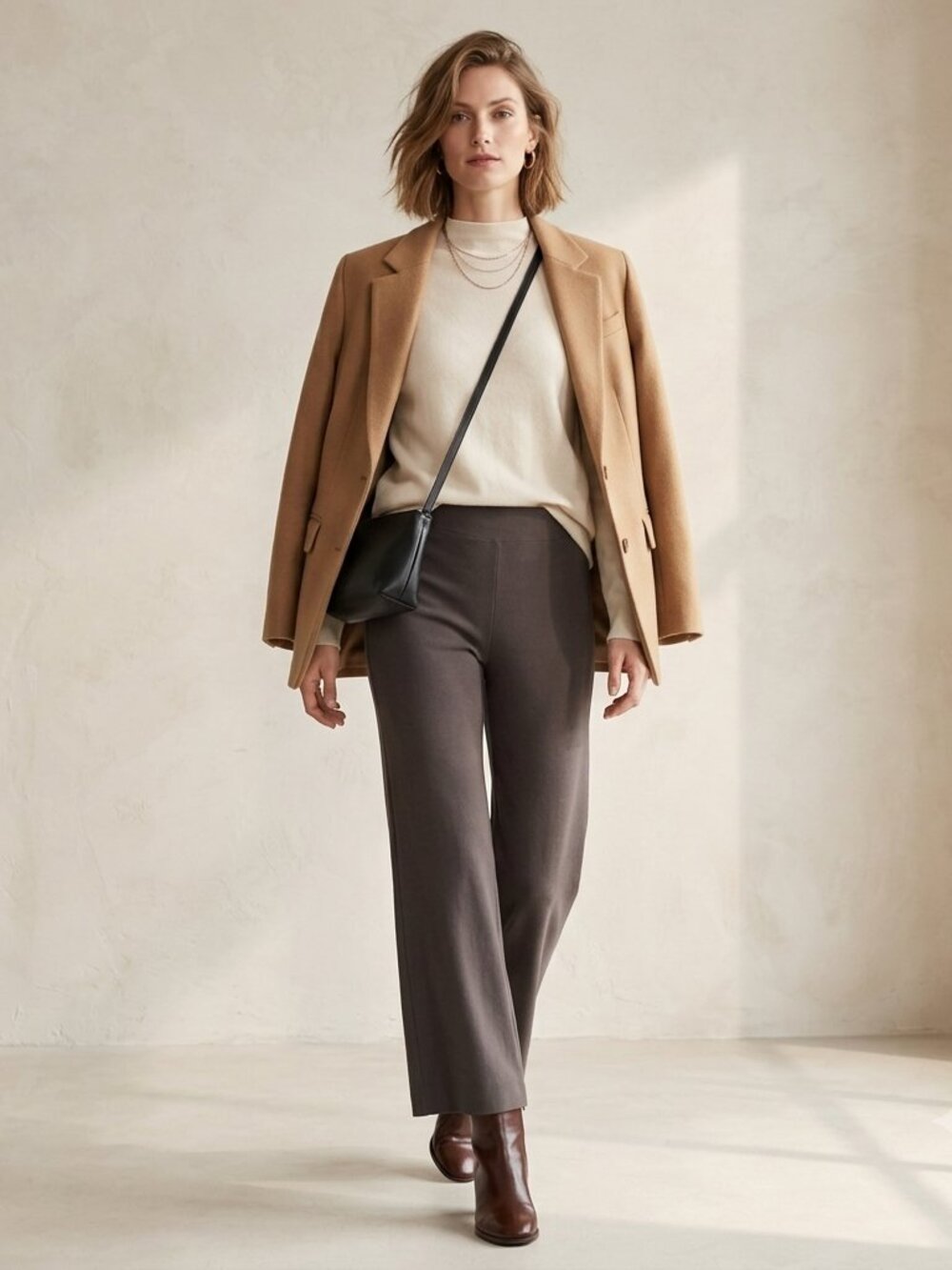 Eileen Fisher Taupe Grey Stretch Knit Pants Straight Leg Wide Waistband Size XS